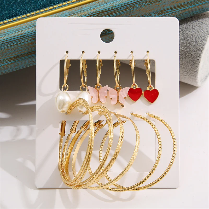 Colorful Earring Set For Women Butterfly Heart Circle Pearl Drop Earring Set Checkerboard Metal Long Tassel Party Jewelry