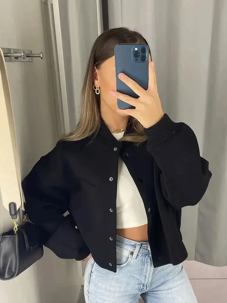 

HH TRAF Women's Loose Bomber Jacket Fashion Long Sleeve Button Down Short Black Jacket Oversized Women's Autumn Casual Top Y2K