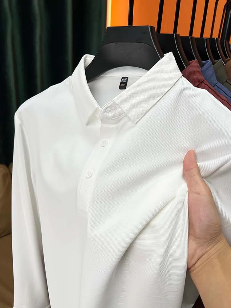 

Light Luxury Autumn Men's Fashion Brand Long Sleeve Lapel Polo Shirt Business Solid color Casual High Quality Ice Silk Design