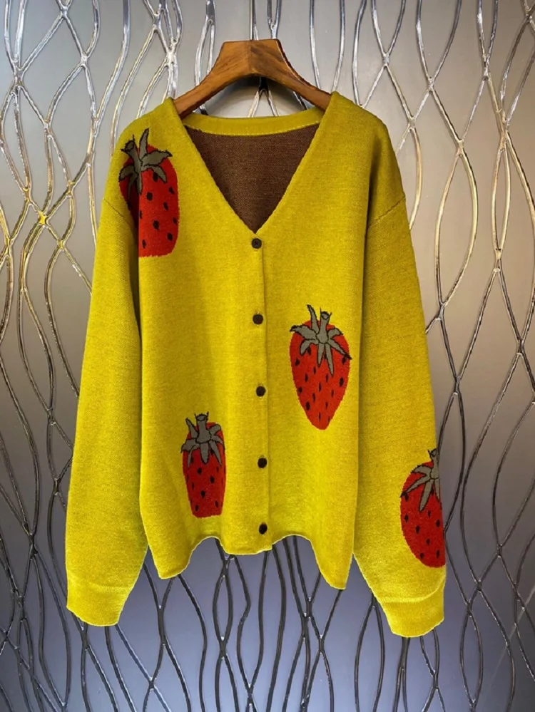 

New Fashion Wool Cardigans 2022 Autumn Winter Coat Outerwear Women V-Neck Sweet Fruit Patterns Knit Long Sleeve Casual Cardigan
