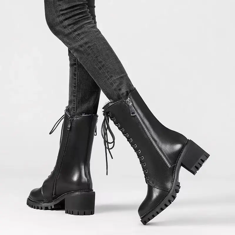 2024 New Winter Motorcycle Boots Buckle Women British Style Mid-calf Women's Short Boot Gothic Square Heel Women Shoes Plus Size