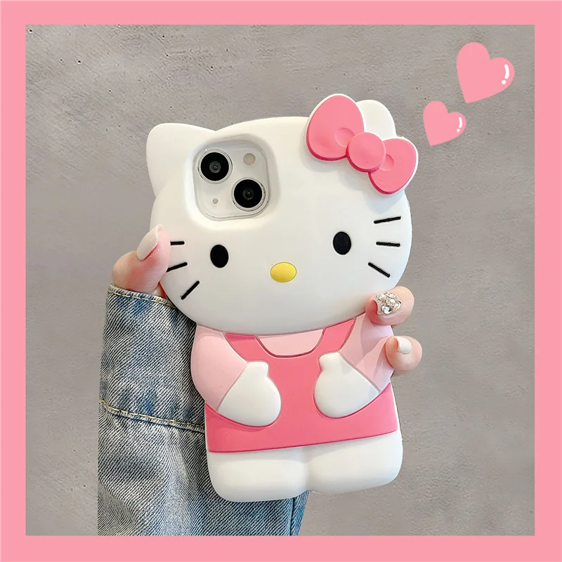Pink Hello Kitty Silicone iPhone Case with Bow for iPhone 16 15 14 13 12 11 Pro Max Xs XR SE
