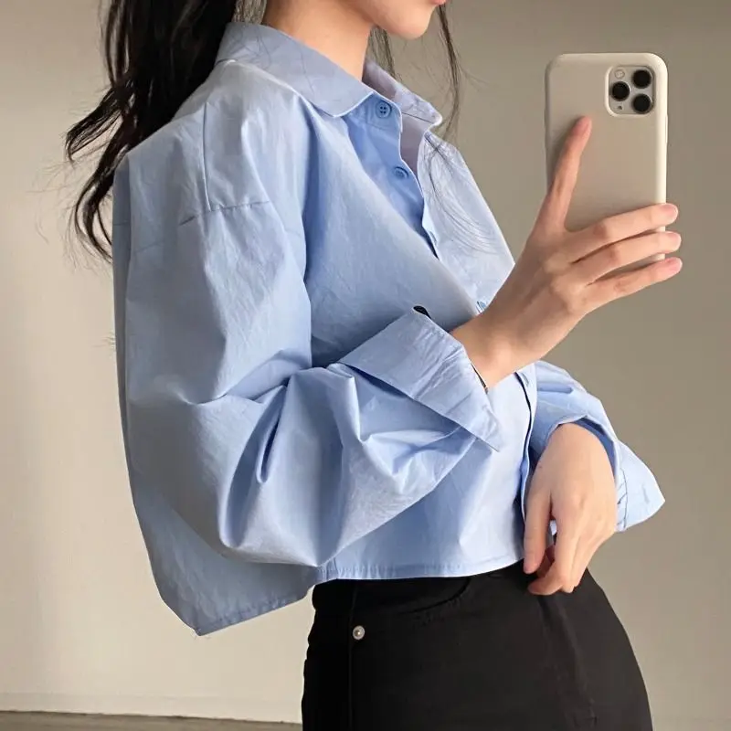 Trend Split Hem Loose Shirt Tops Spring Autumn New Long Sleeve Polo Neck Solid Color Short Blouse Fashion Sweet Women Clothing