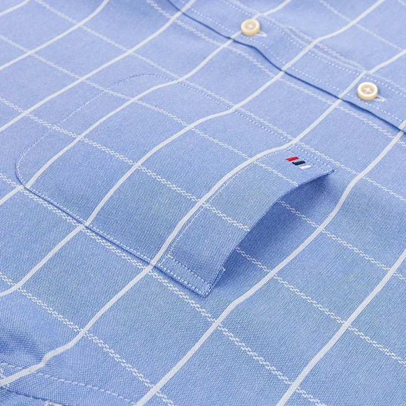 Men Oxford Cotton Long Sleeve Casual Slim Solid Color Plaid Print Stripe Formal Dress Shirt Plus Size