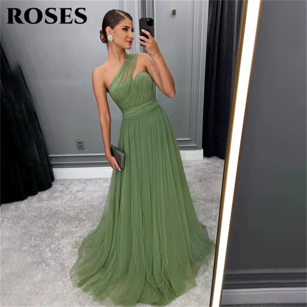 ROSES One Shoulder Prom Gown Net Sage Green Wedding Evening Dress Beach Evening Dress for Woman Formal Dresses 프롬 드레스 Customized 5