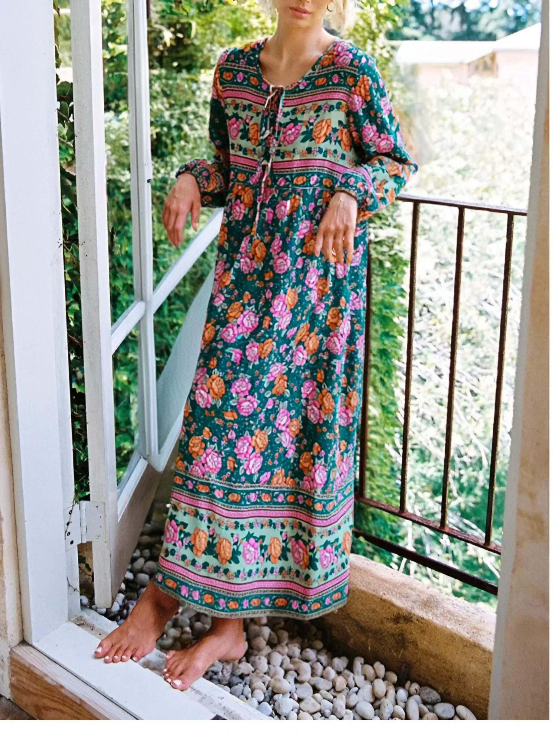 Vintage Chic mujer manga larga corbata cuello étnico verde