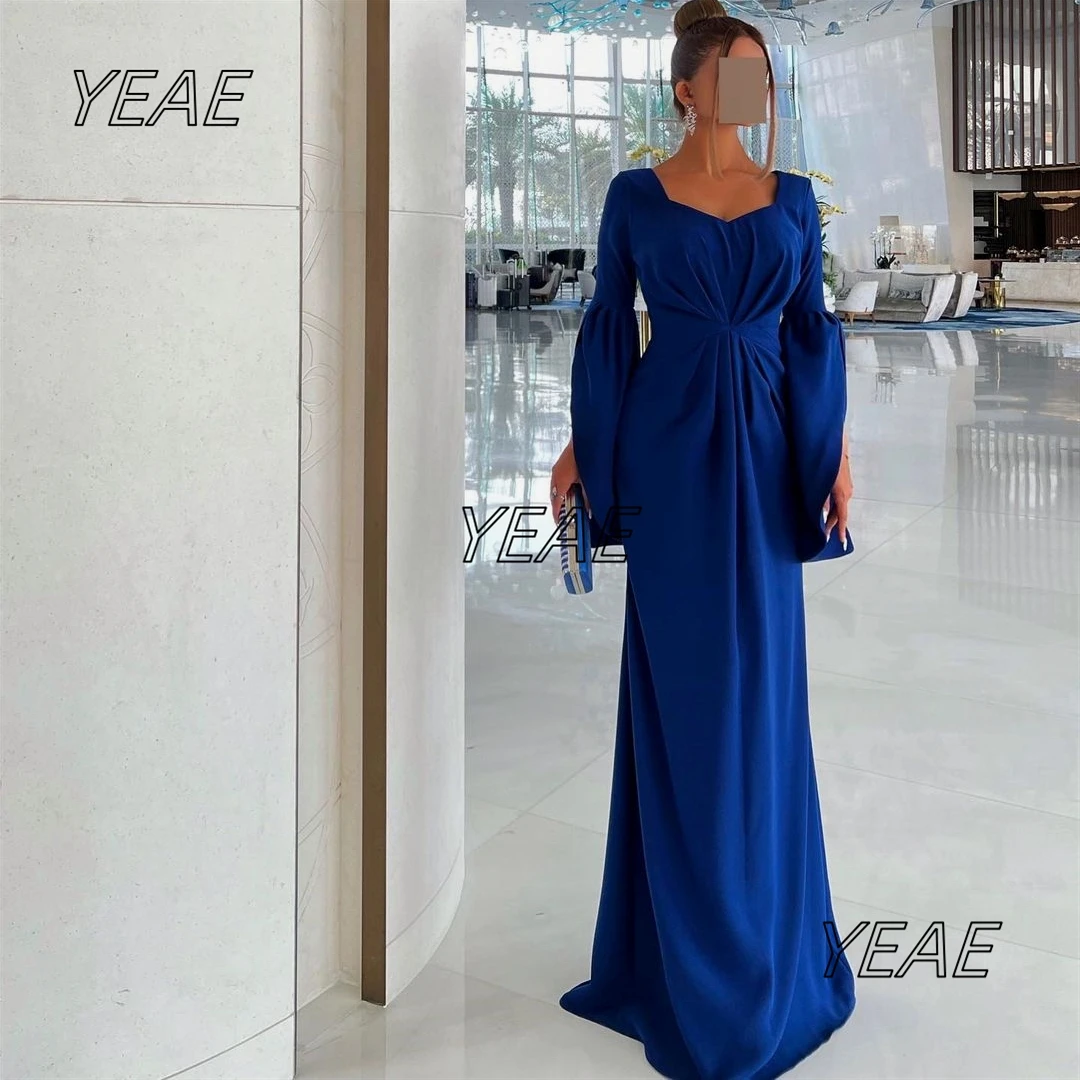 

Santorini Elegant Women Wear Square Neck Evening Dresses Long Sleeves Ruched Vestidos De Noche Zipper Back Prom Party Dress