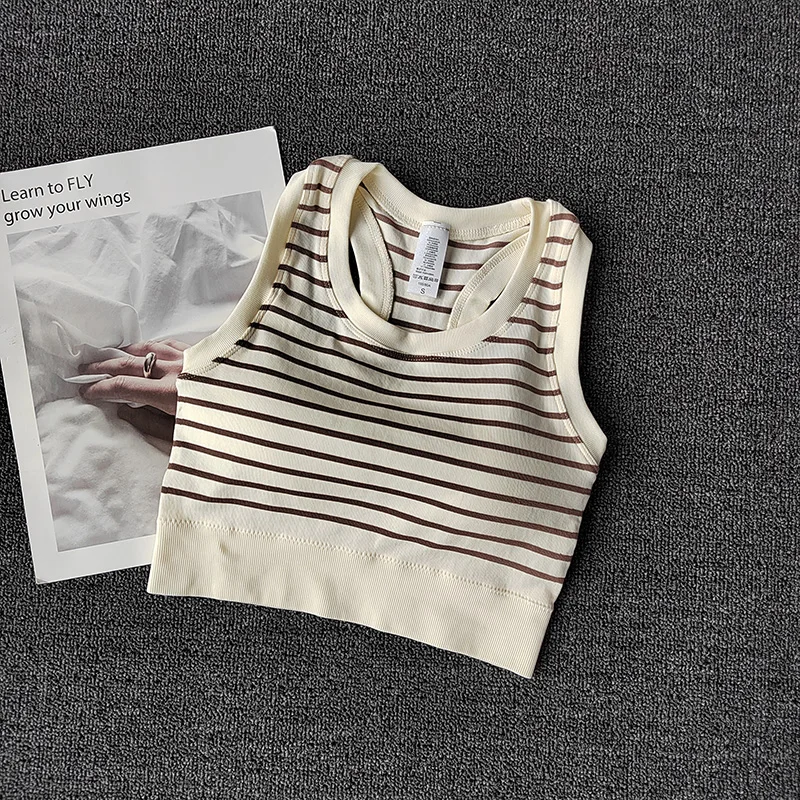 

Yoga Suit Vest Women's New Summer High Elasticity Striped Sports Top Chest Pad Shockproof and Breathable Running Fitness Suit