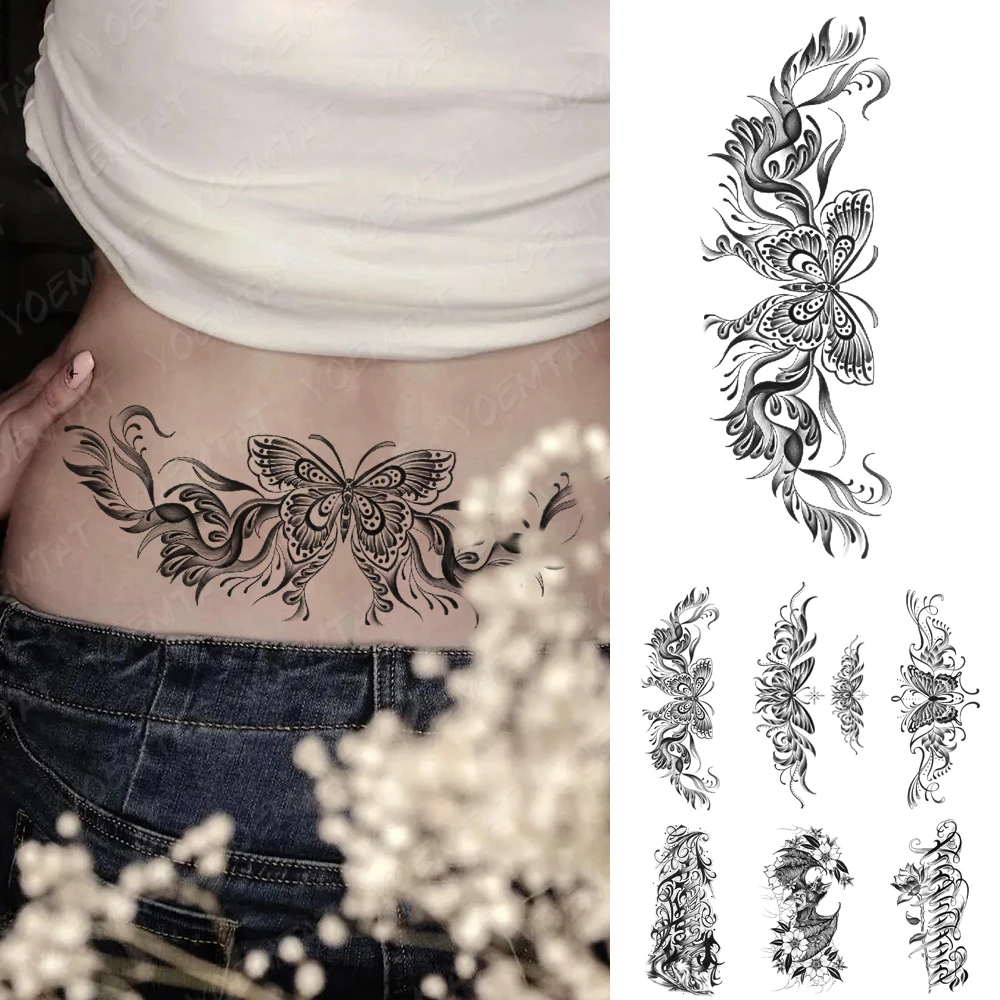 

Waterproof Temporary Tattoo Sticker Black Line Butterfly Rose Flower Tato Waist Totem Body Art Women Men Arm Fake Sleeve Tattoos