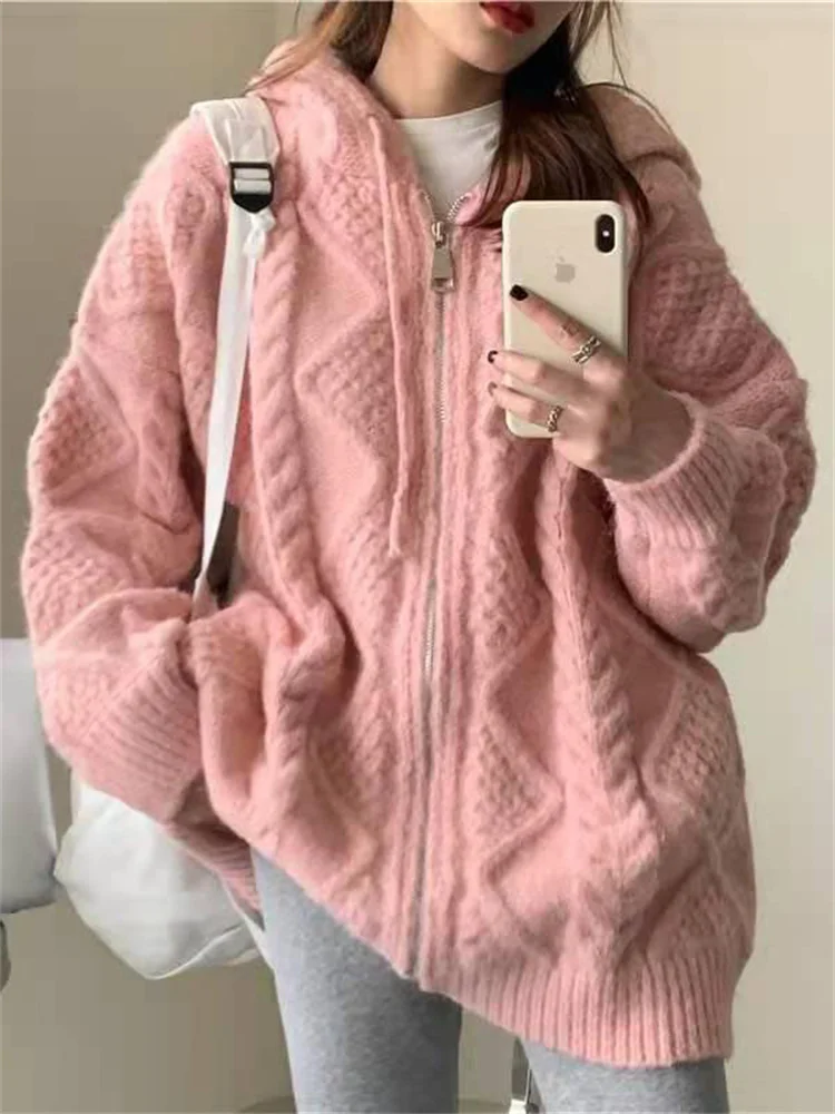 

Женский свободный кардиган на молнии, вязаный свитер с длинным рукавом и капюшоном, Осень-зима 2023