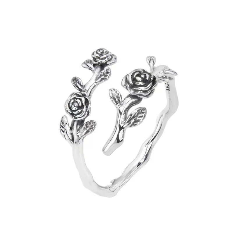 Luxus-Schmuck aus 925er-Sterlingsilber mit Rosenzweig ​ Verstellbare Ringe für Frauen, Dating-Ring, wunderschöne, elegante Accessoires, Schmuck