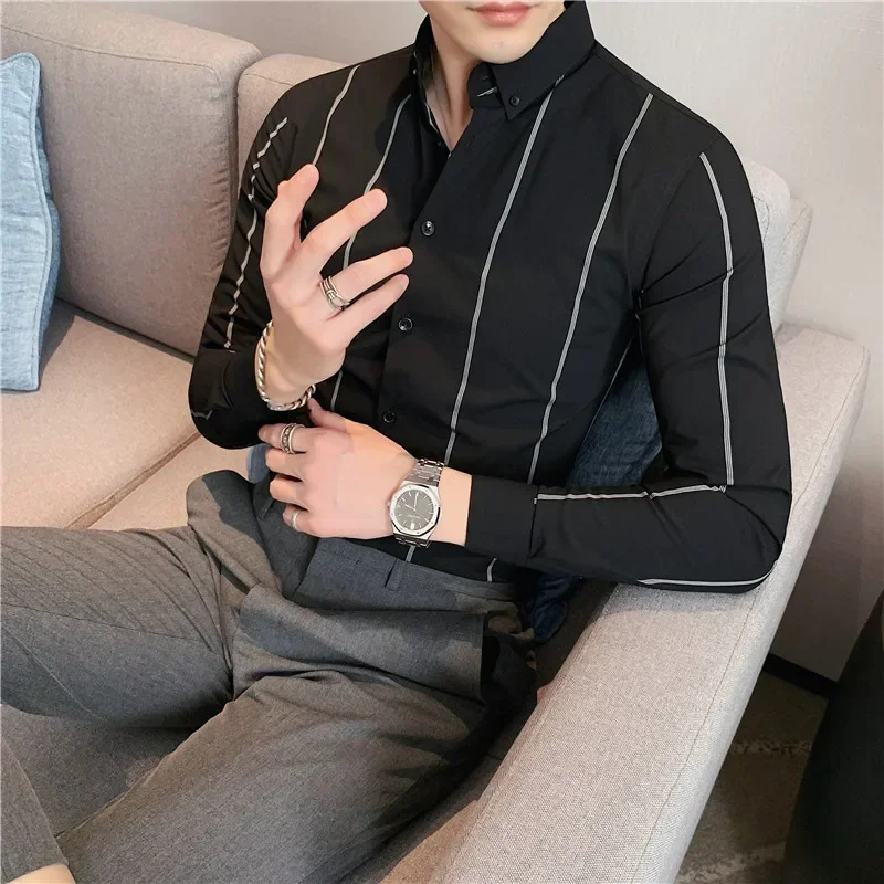 

Plus Size 5XL-M High Quality Business Formal Striped Shirts Men Long Sleeve Casual Slim Fit Tuxedo Shirts Social Club Clothing