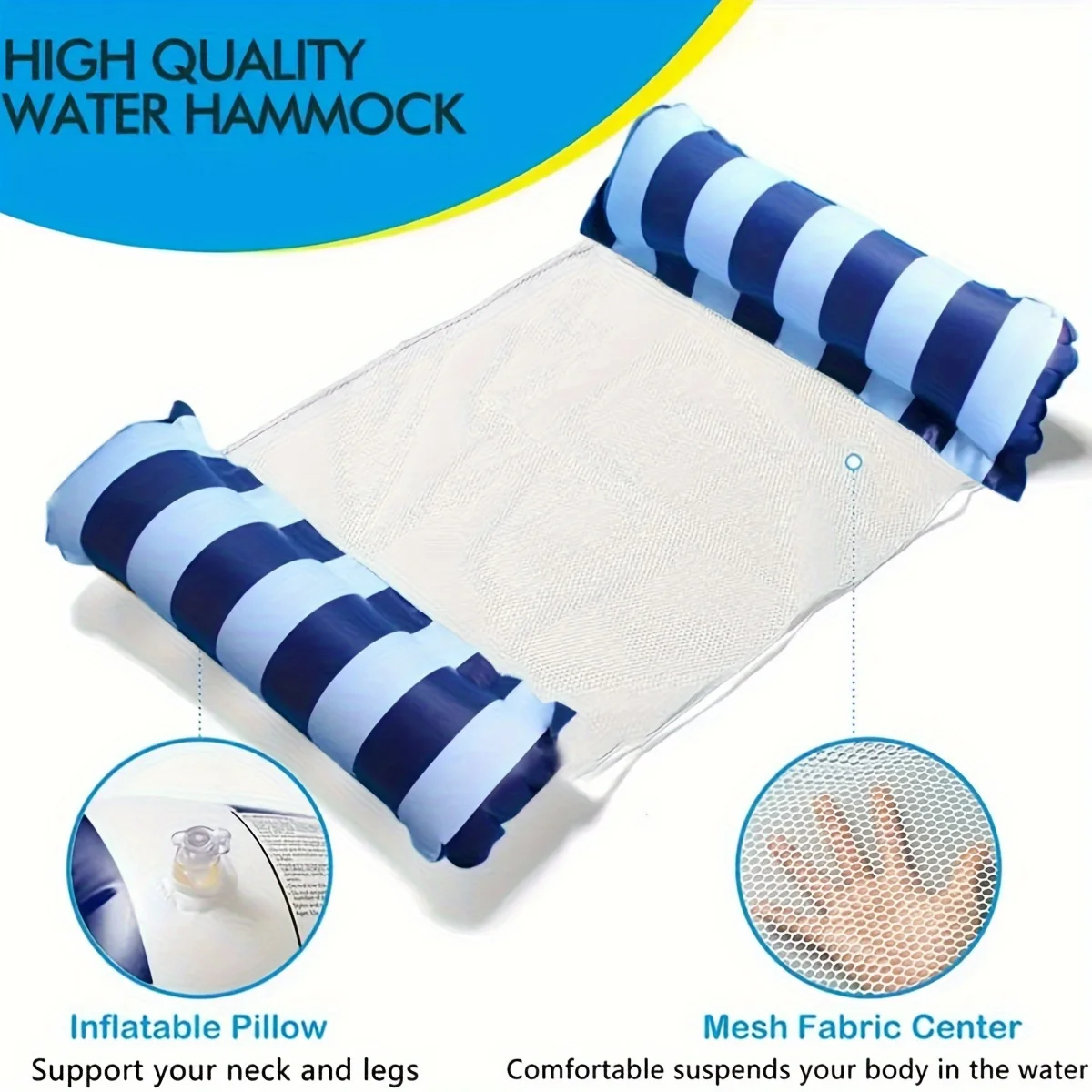 Striped Inflatable Foldable Lounge Chair with Net Backrest for Pool and Beach Relaxation