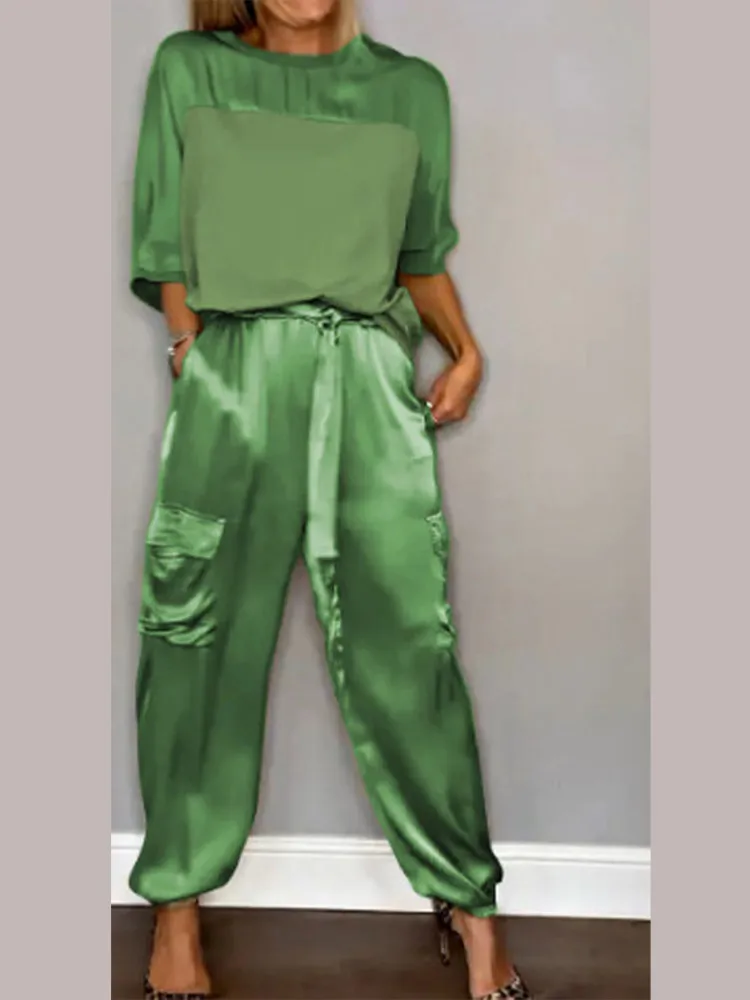 

Sport Satin Women 2 Piece Sets Fashion Long Sleeve Patchwork T-shirt Wide Leg Pocket Belt Pants 2024 Spring Summer Lady Outfit