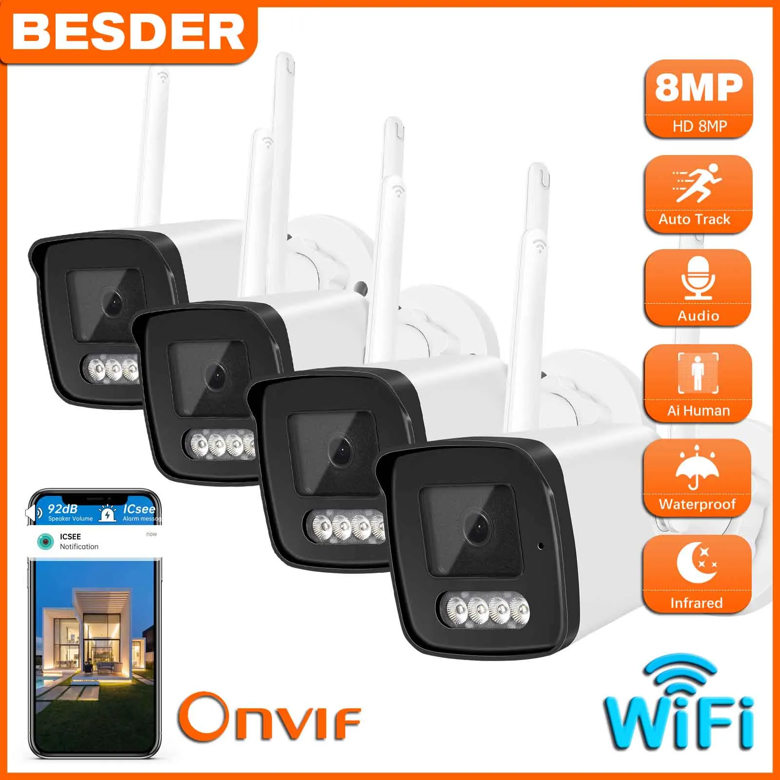 BESDER 8MP IP Camera Wifi Wireless AI Human Detect iCSee 4K CCTV Outdoor Surveillance Bullet Camera Security Protection