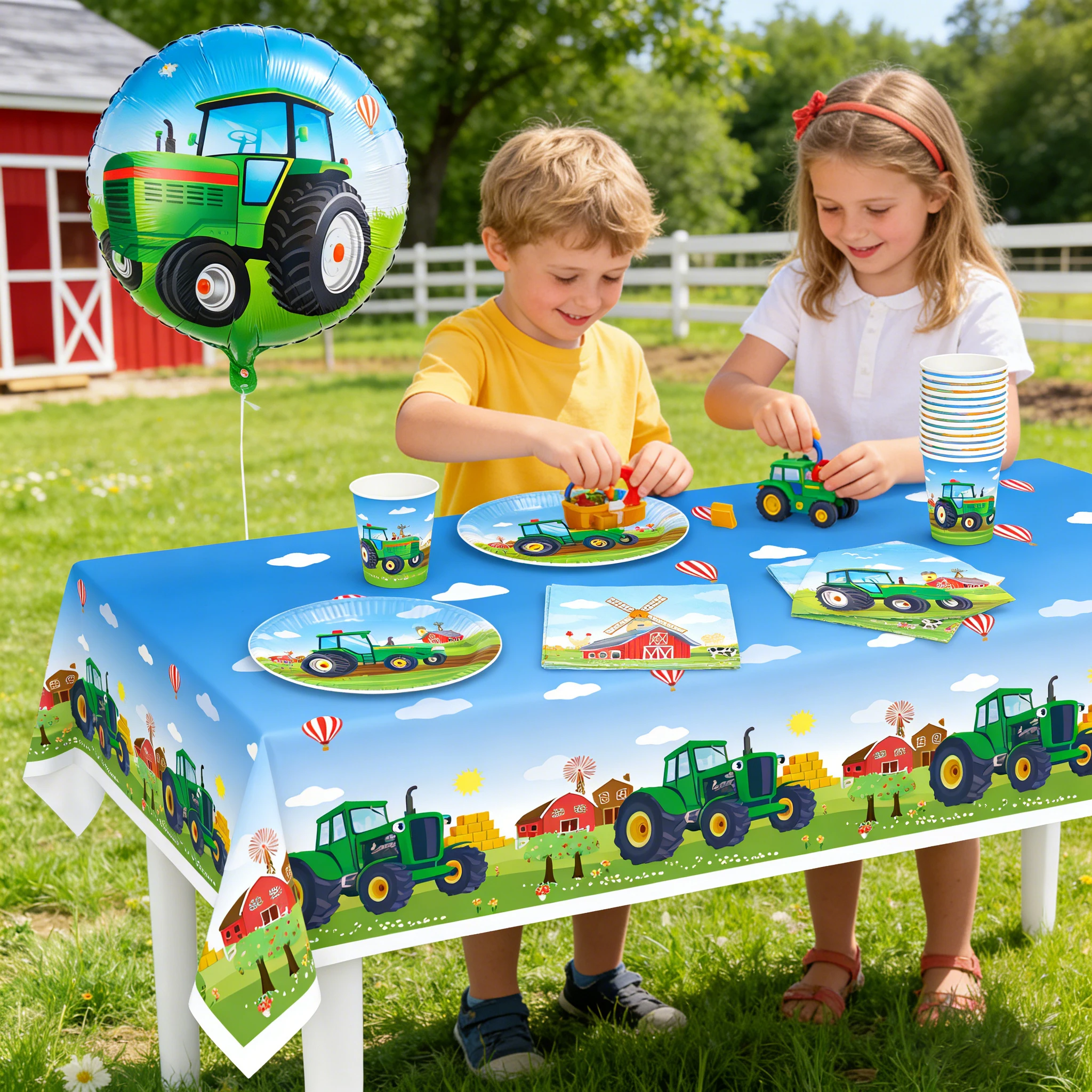 Green Farm Tractor Birthday Party Tableware Set with Banner, Balloons, Cups, Plates, and Napkins