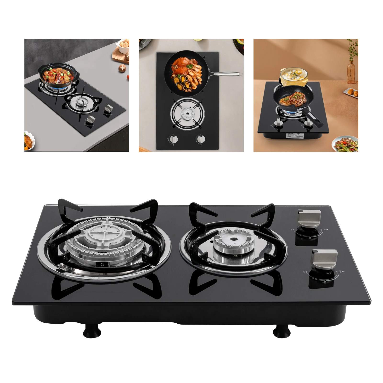 Modern Black 2/4 Burner Gas Cooktop with Toughened Glass Kitchen Countertop Stove Adjustable Firepower for Cooking