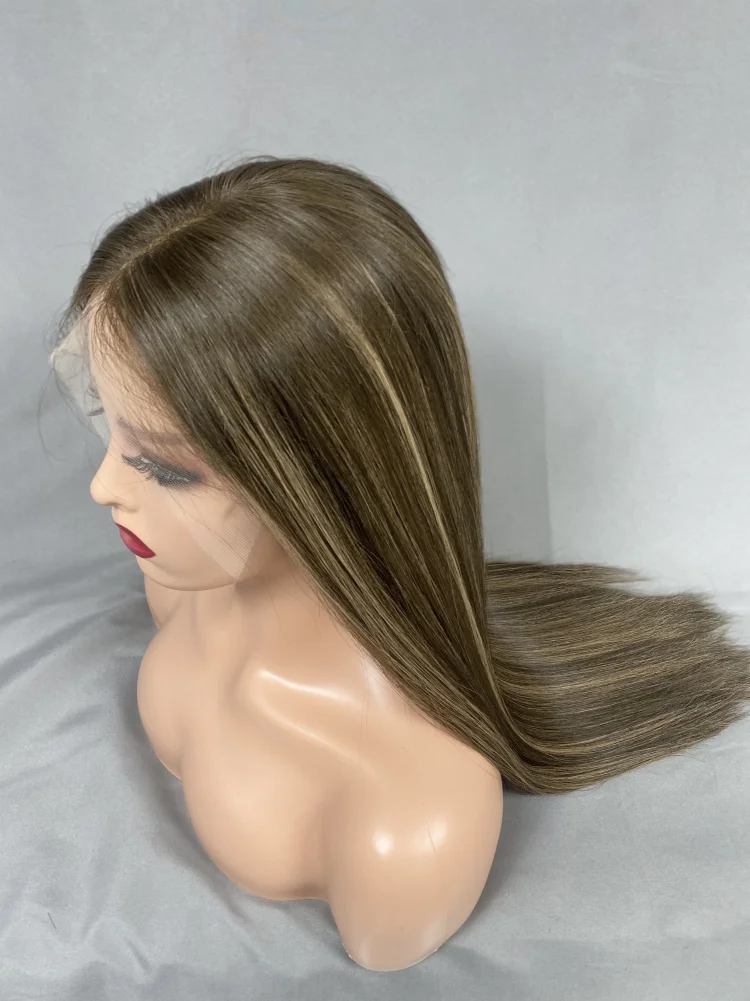 Gorgeous Lace Frontal Human Hair Wig Straight Long Hair Medium Brown Color with Highlights HD lace Top Kosher Jewish Wigs