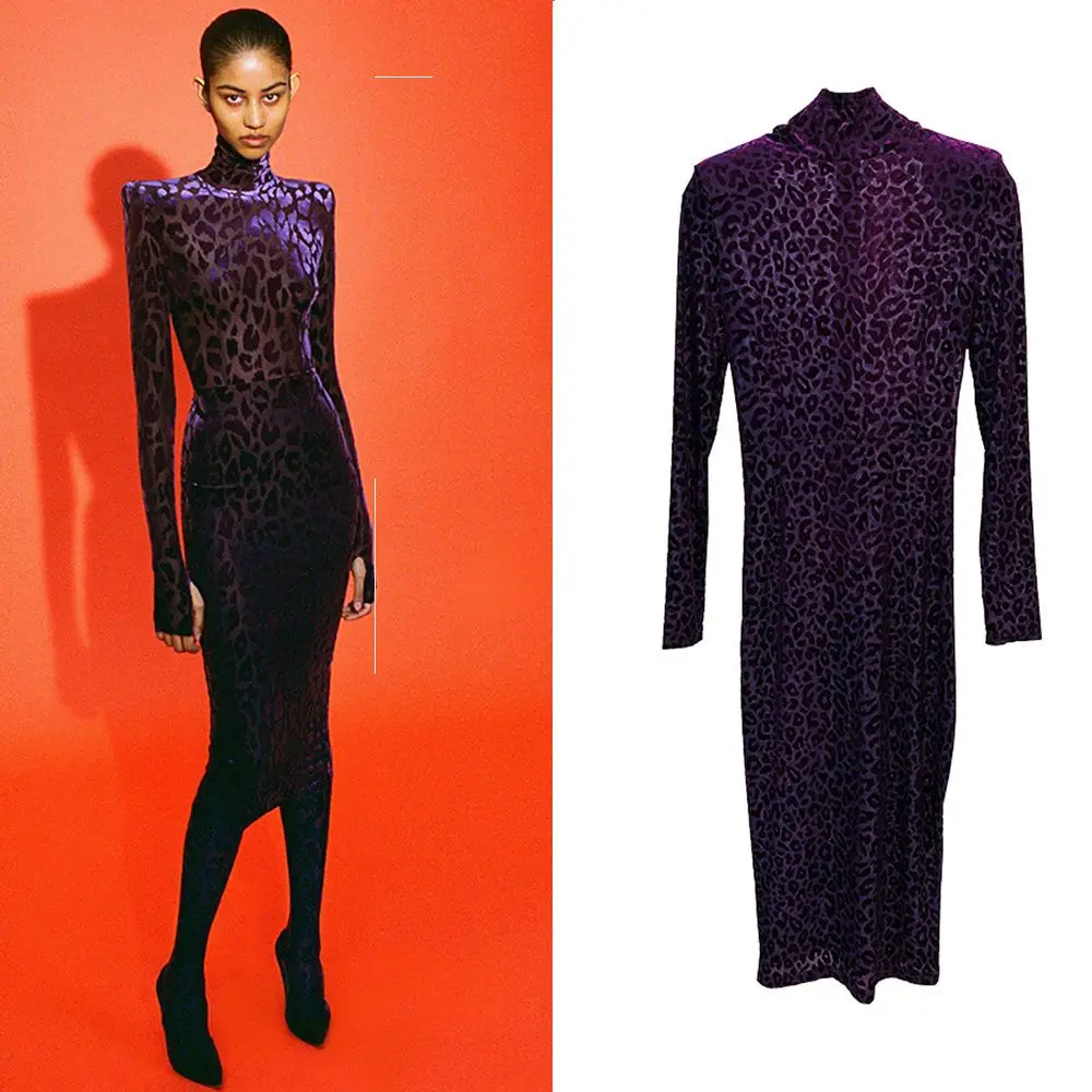 

2022 European And American Stars New Sexy Perspective Leopard Pattern Burnt Velvet High Collar Elastic Tight Women's Dress