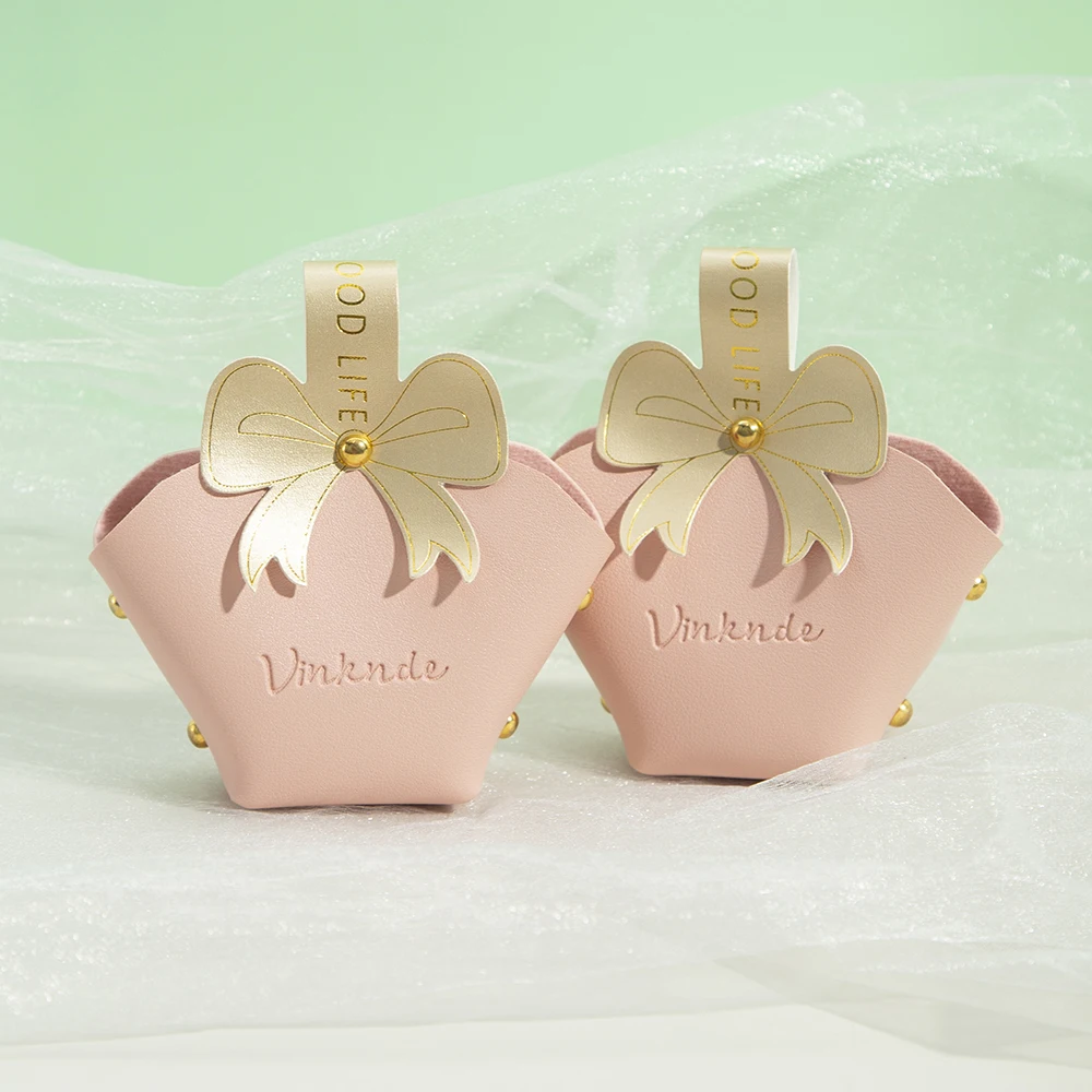 Jewelry Handbag Wedding Favors PU Leather Gift Bag for Guests Portable Candy Packaging Mini Box With Bowknot Basket Party Supply
