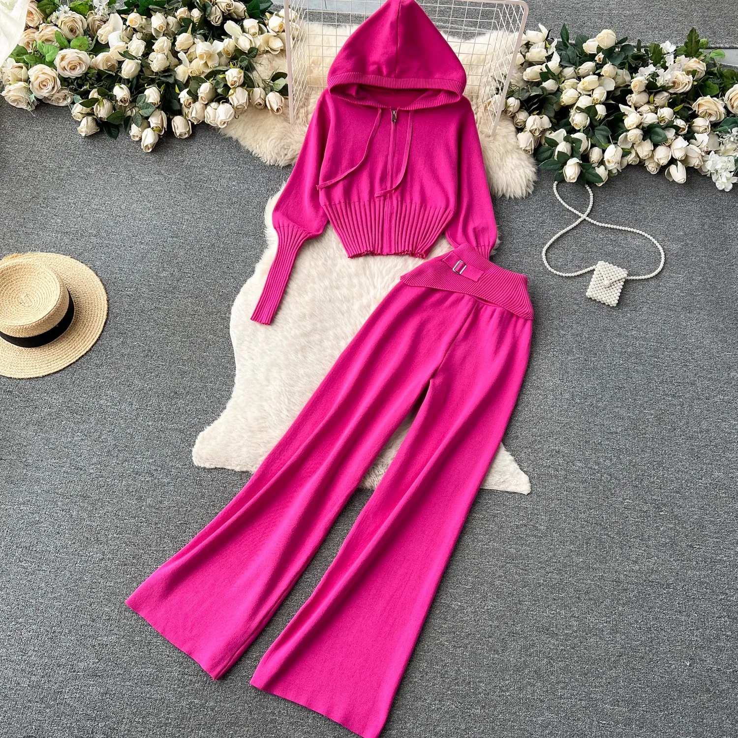 

Casual Outfits Women Autumn Winter Knitted 2 Piece Set Elegant Fashion Hooded Zipper Sweater Cardigan + Loose Trousers Female
