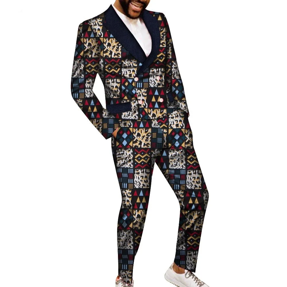 

Модные африканские костюмы для мужчин, блейзер с вышивкой и брюки, комплект Делового Платья с косым замком, свадебный костюм