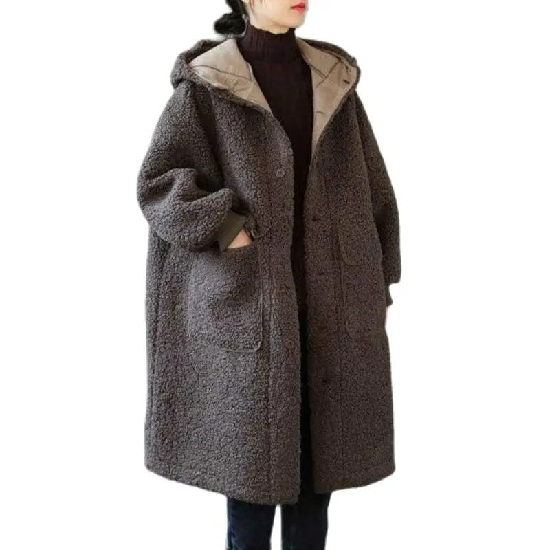 

Женское пальто из овечьей шерсти, свободное утепленное пальто средней длины с капюшоном, с имитацией овечьей шерсти, Осень-зима