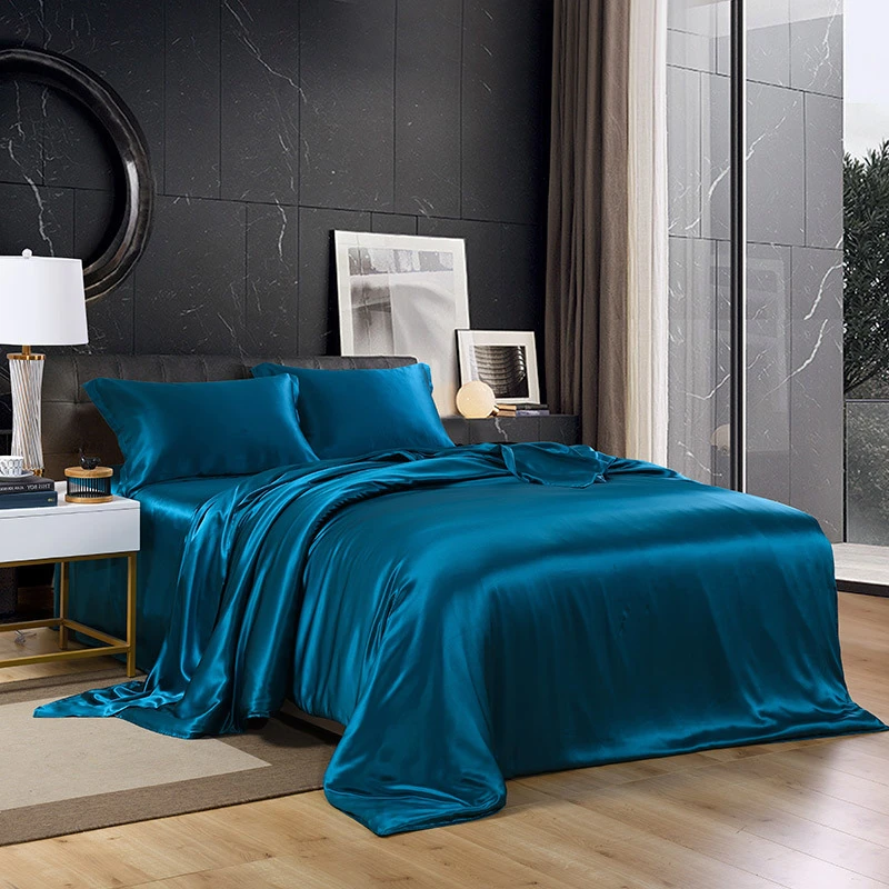 

100% Mulberry Silk Bedding Set Skin-Friendly Ice Silk Bed Set Quilt Cover with Bed Sheet Pillowcase King Queen Full Twin Size