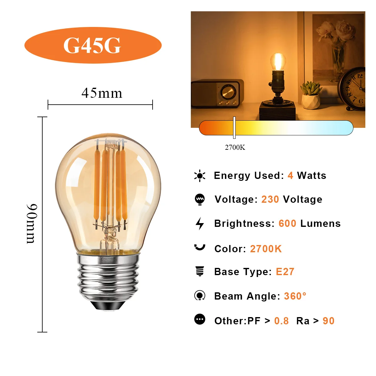 Description Picture 5 of itemVintage G45 Edison Led Light Bulb E27 4W 6W Filament Ball Lamp Warm White 2700K Amber Glass Dimmable Mini Globe Bulb For Pendant