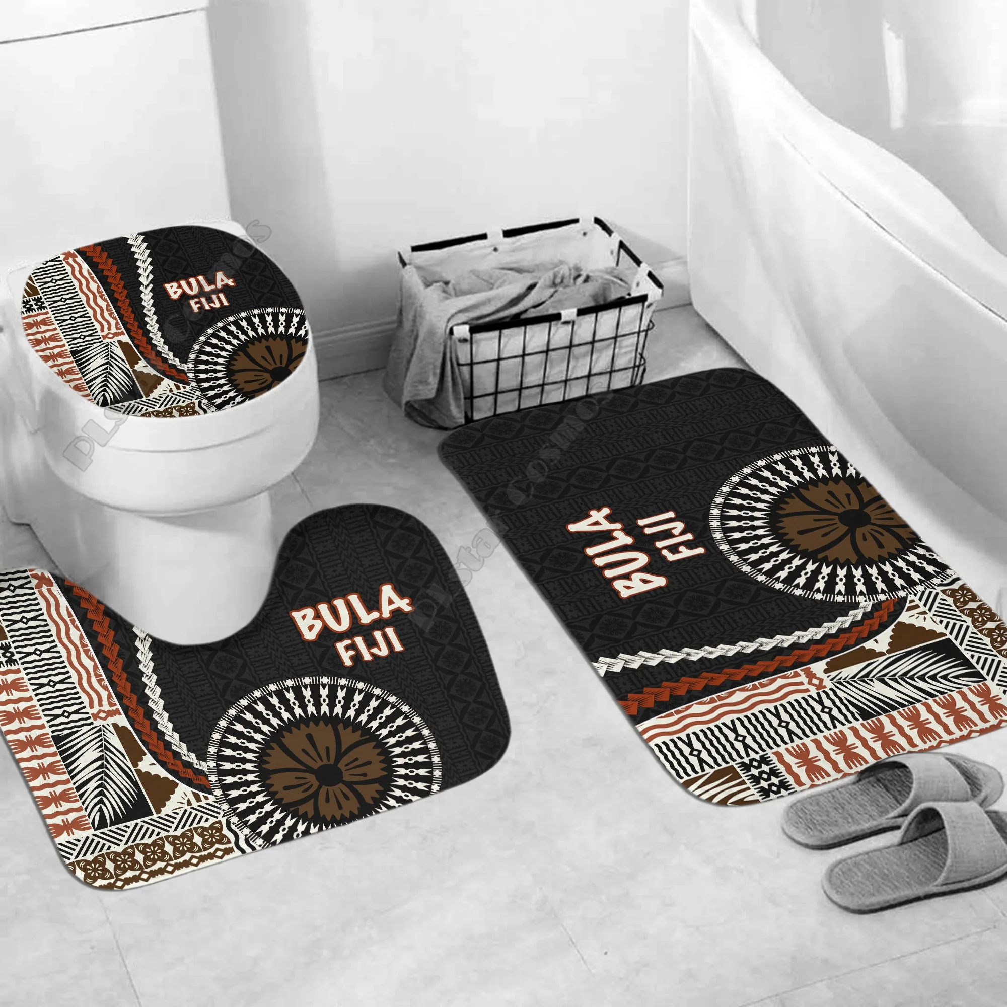 Bula Fiji Bathroom Set Masi Tapa Patterns Style Three-piece set 3D printed Bathroom Pedestal Rug Lid Toilet Cover Bath Mat Set