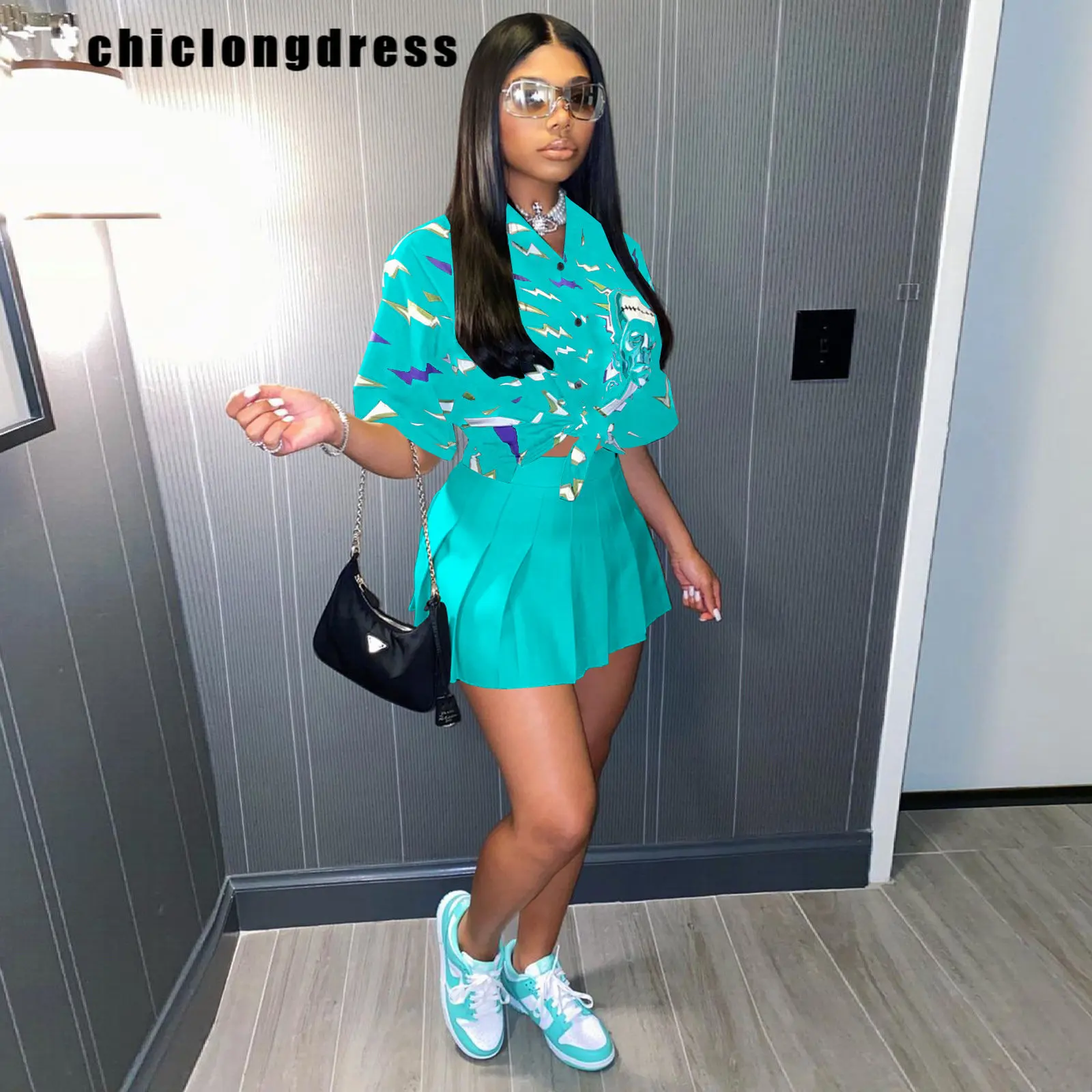 

Summer Two Piece Set Women Fashion Printed Shirt Pleated Skirt Suit Street College Style Cute Two Piece Suit Women