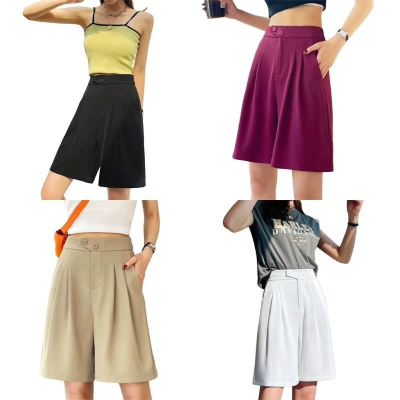 

Womens Summer Wide Leg Pleated Flared A Line Shorts Plain Solid Elastic High Waist Pocketed Casual Loose Suit Pants