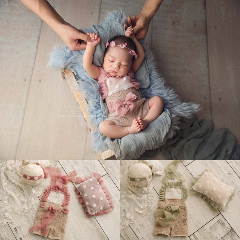 Dvotinst Baby Girl Newborn Photography Props Ruffles Outfits Headband Posing Pillow Set Fotografia Studio Shooting Photo Props 2021 newborn photography props mini lace floral posing pillow for baby boy and girl photo studio pose prop accessories