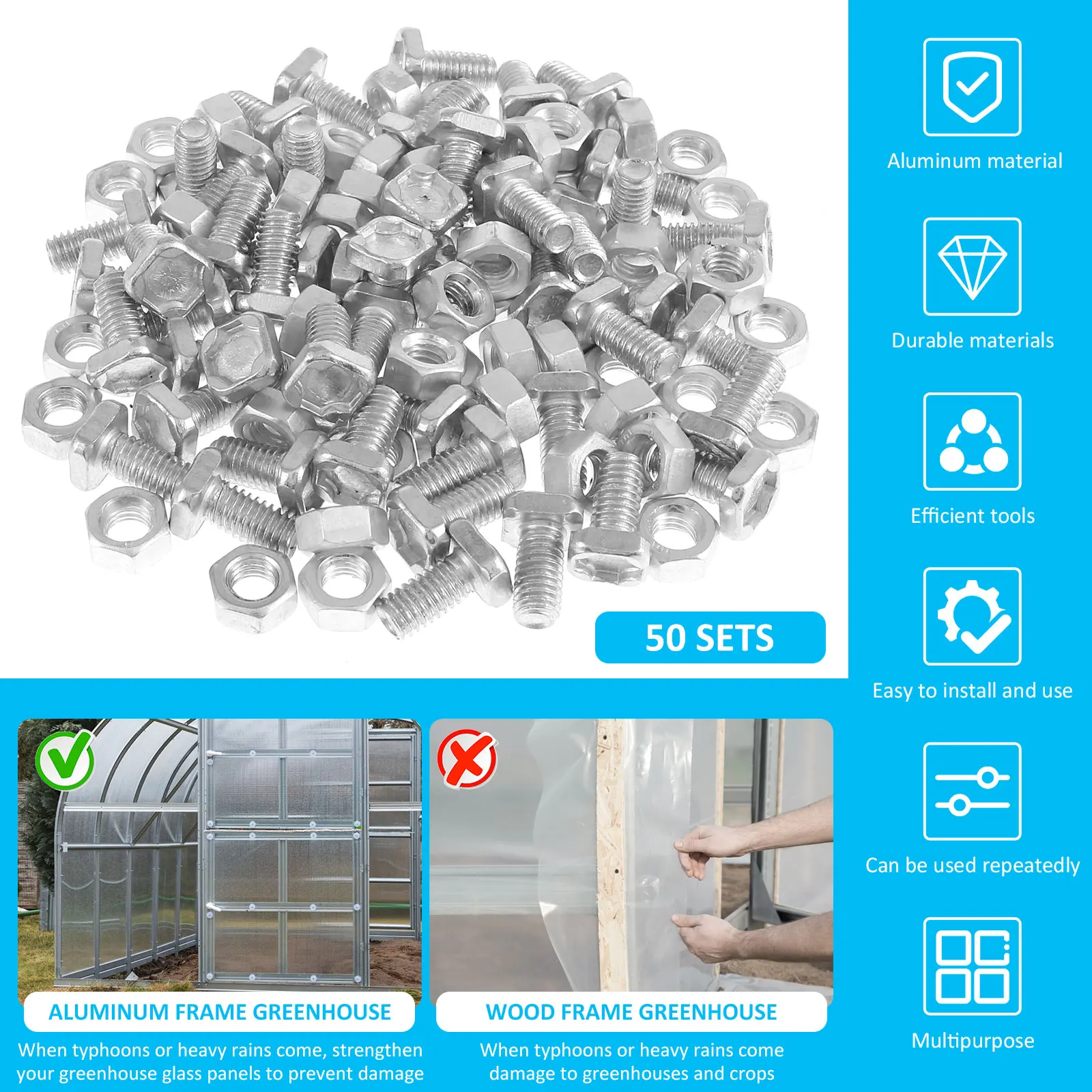 50Pcs Greenhouse Bolts Nuts Set Aluminum Bolts and Nuts Tool Accessory Set Sturdy Greenhouse Accessories for Supplies