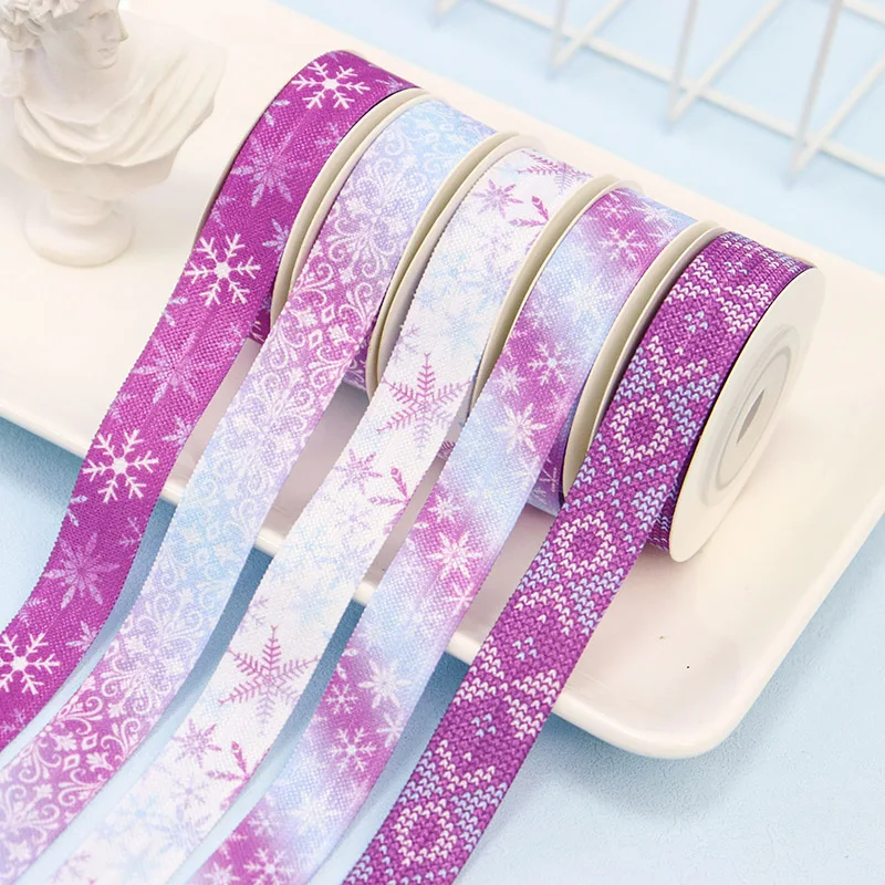 

Wholesale 10Yards 15mm Christmas Purple Snowflake Printed FOE Fold Over Elastic Ribbon For DIY Hair Tie Accessories Bracelet