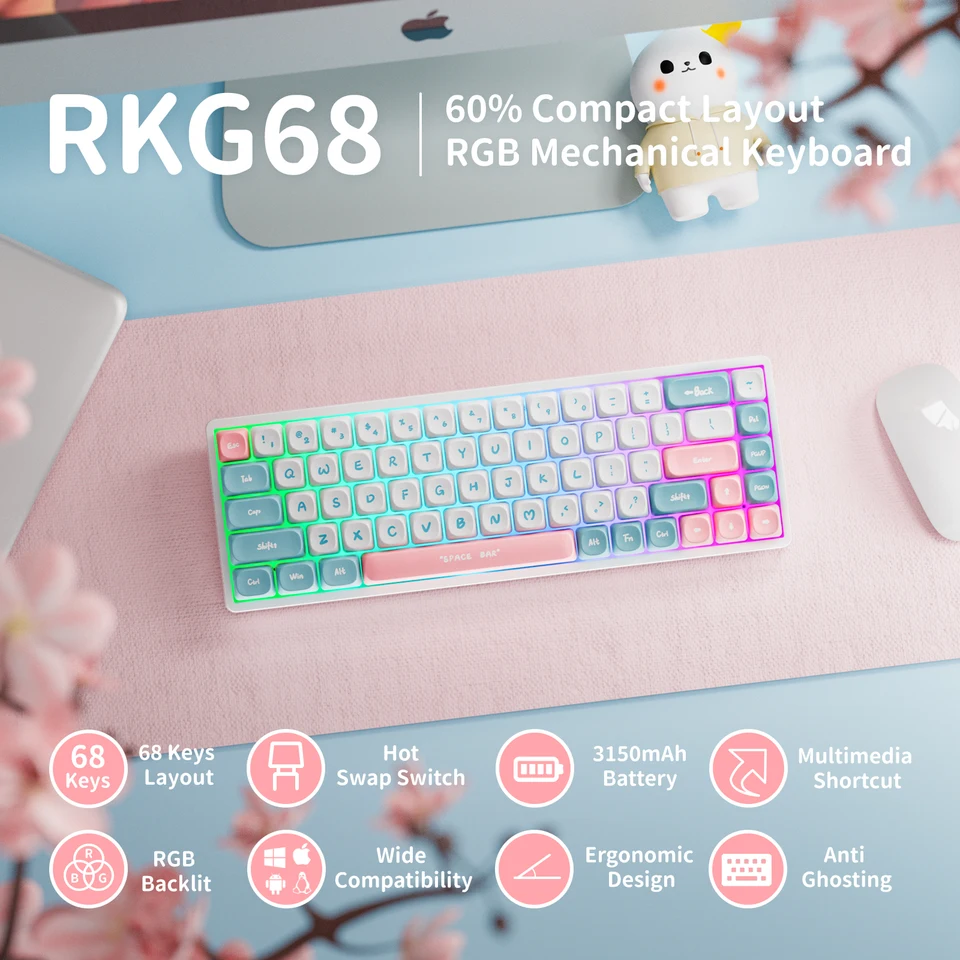 RK Royal Kludge RK837 Russian Mechanical Keyboard 68 Keys 65% RGB