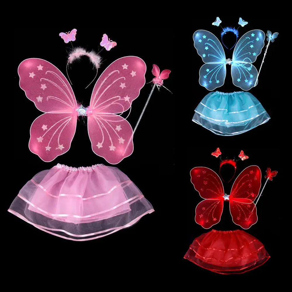 Colorful Kids Girls Fairy Princess Costume Sets Stage Wear Butterfly Wings Wand Headband Tutu Skirts 4Pcs