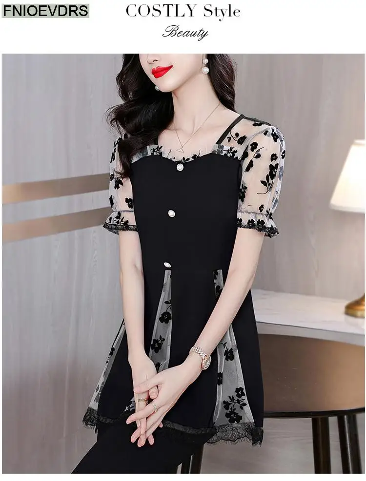 Hot Sales Autumn 2024 Women European Fashion Elegant Black Shirt Sheer Mesh Ruffles Casual Tunic Belly Peplum Tops And Blouses