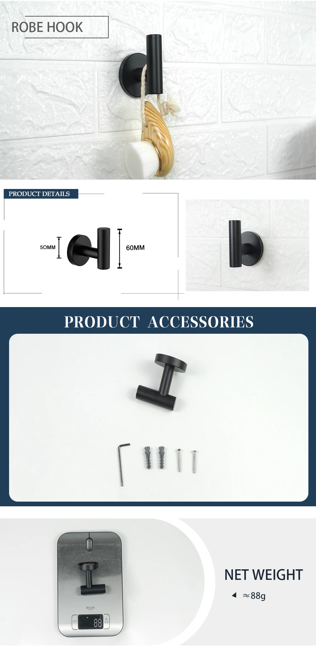 Description Picture 6 of itemMatte Black 4-Piece Set Bathroom Accessories 304 Stainless Steel Wall Mount Toilet Paper Holder Towel Bar Ring Robe Hook