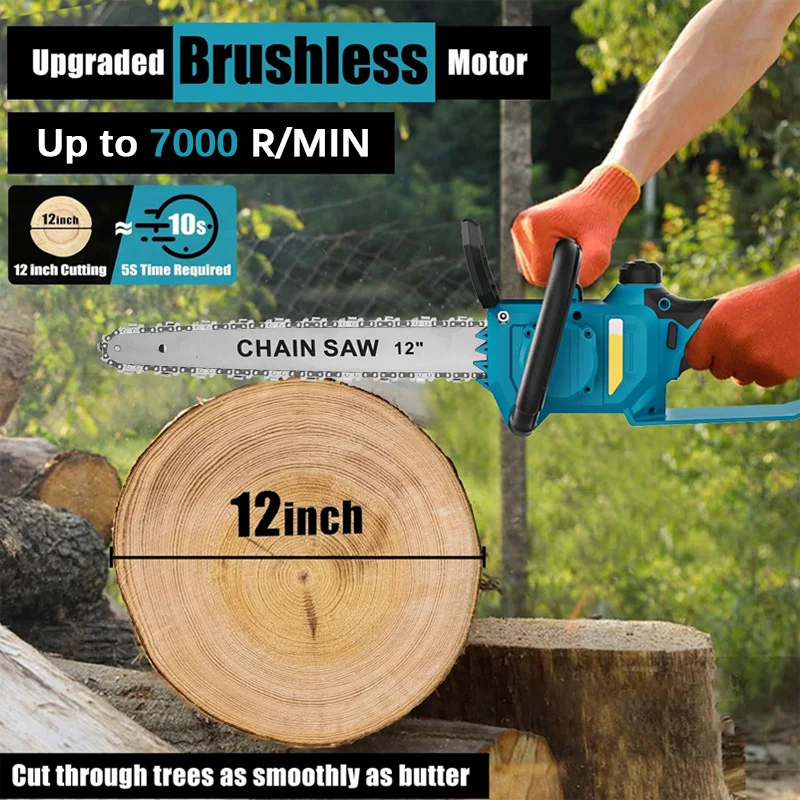 12Inch 7000RPM Brushless Electric Chain Saw 600W Cordless Handheld Chainsaw Graden Pruning Power Tool For Makita 18V Battery Pin 6