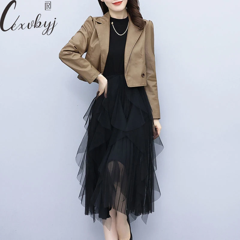 Vintage Dress Two Peice Suit 2023 Spring Autumn Pu Leather Cropped Jacket +Long Sleev Mesh Pleated Dress Sets Casual Outfits