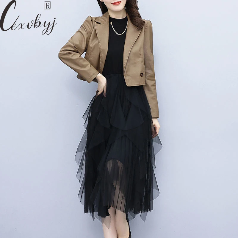 

Vintage Dress Two Peice Suit 2023 Spring Autumn Pu Leather Cropped Jacket +Long Sleev Mesh Pleated Dress Sets Casual Outfits