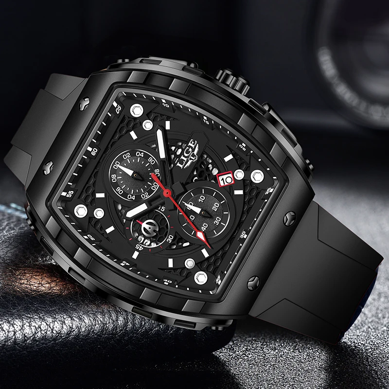 LIGE Creative Black Silicone Watch For Men Military Sports Waterproof Luminous Men's Quartz Wristwatches Square Chronograph Male
