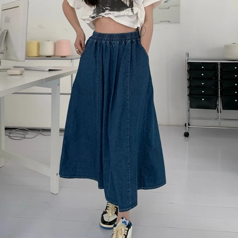 

2023 Denim Skirt Pockets Elastic Waist Versatile Fashion Personality Loose Comfortable Free Shipping