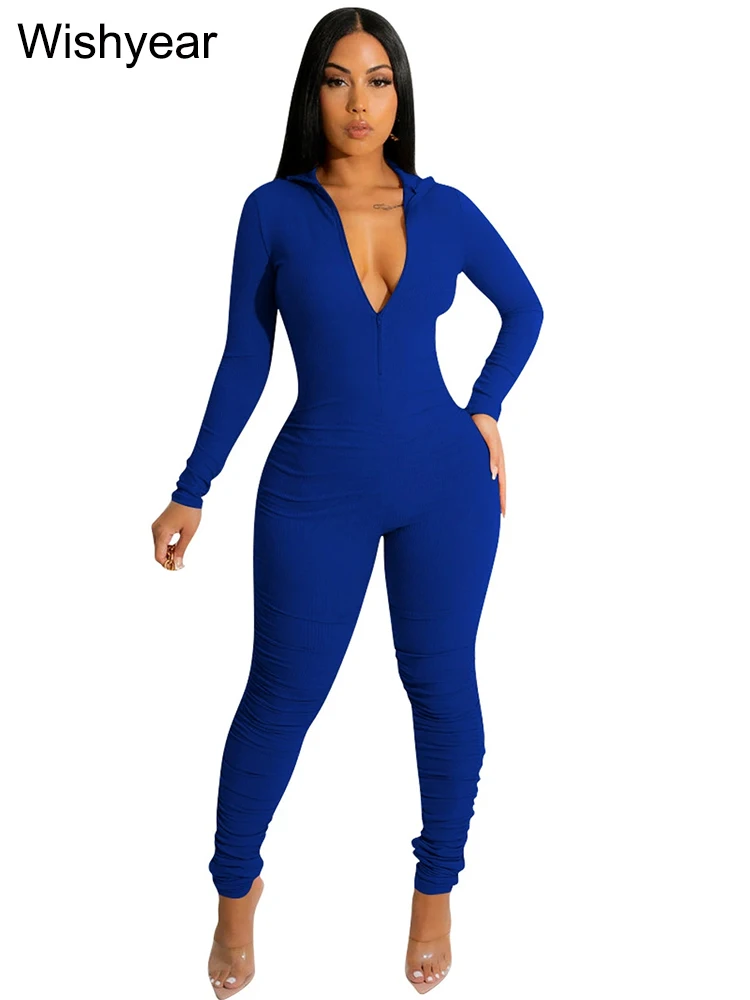 thumbnail image 1 of Monos ajustados de manga larga con cuello alto y cremallera lisa acanalados informales de otoño para mujer, ropa tipo leggings, pantalones, conjuntos de una pieza nuevos, 1 of 5