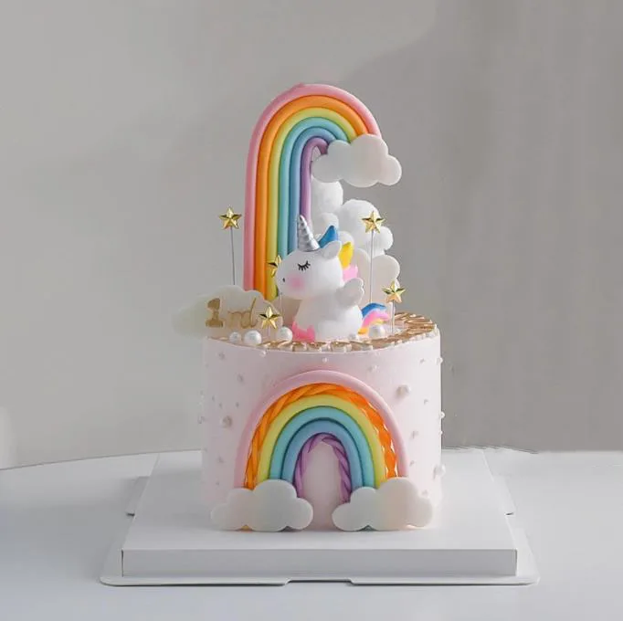 Niedlicher Einhorn-Kuchenaufsatz, Regenbogen-Wolken, Sterne, Kuchen für Kinder, alles Gute zum Geburtstag, Kuchendekoration, Party-Versorgung, Geschenke für Mädchen, Babyparty – Detail 4