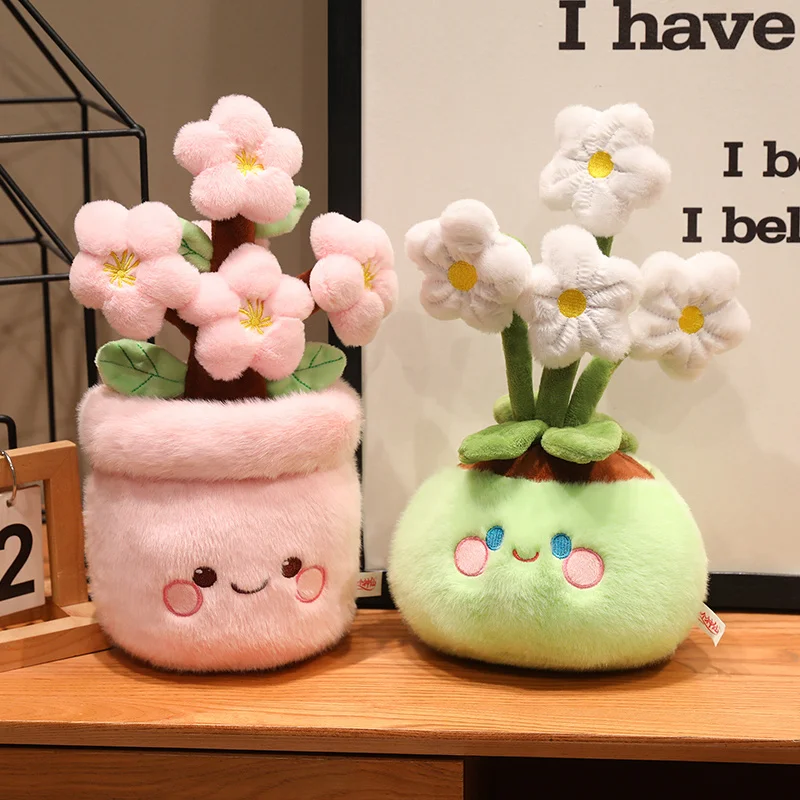 귀여운 얼굴의 화분에 심은 꽃 플러시 장난감 인형 화분 화이트 나르시스 핑크 복숭아꽃 장식 소품 선물