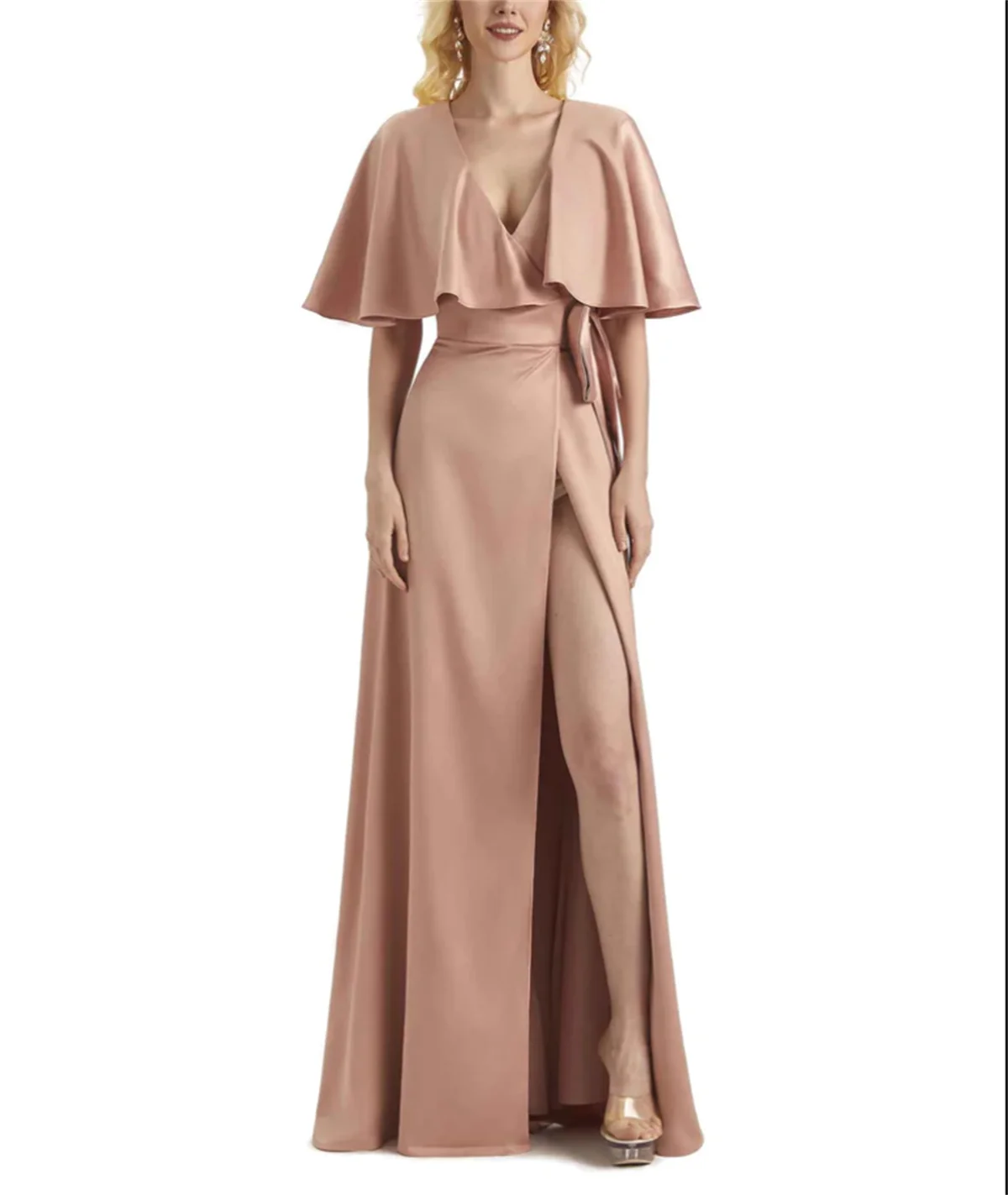 

A-Line Pink Elegant Evening Dress V-Neck Half Sleeve Prom Party Dress Fashion Chiffon High Slit Pleats Formal Occasion Custom