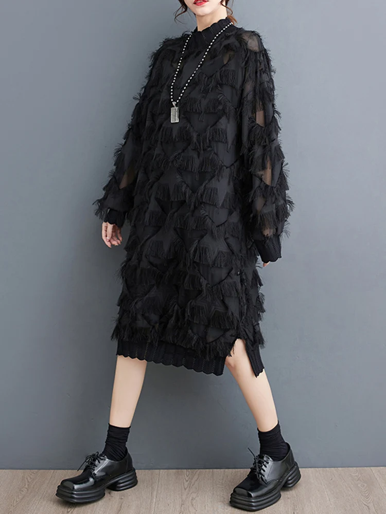 

2023 Spring Autumn New Long Sleeve Stand Collar Black Vintage Dresses For Women Loose Casual Midi Dress Fashion Elegant Clothes
