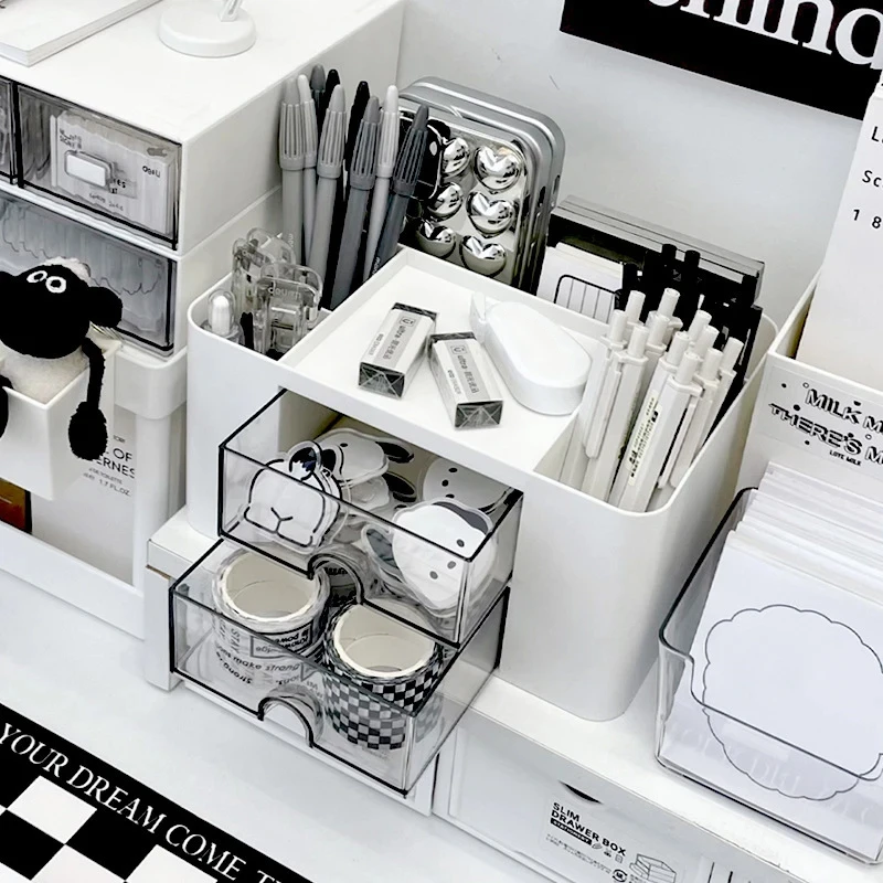 Pen Holder Stationery Storage Box Student Dormitory Desk Office Drawer Type Multiple Compartments Dust Prevention 1PC